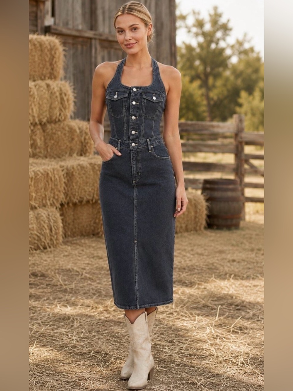 NWT Black Denim Halter Midi Dress Button Front Open Back Universal Thread Size 6